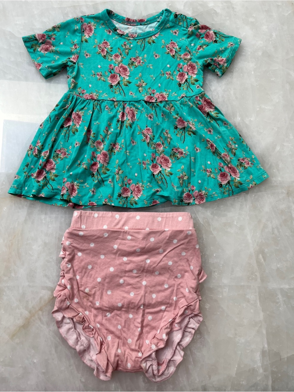 Posh Peanut Teal Floral Top with Pink Polka Dot Diaper Cover